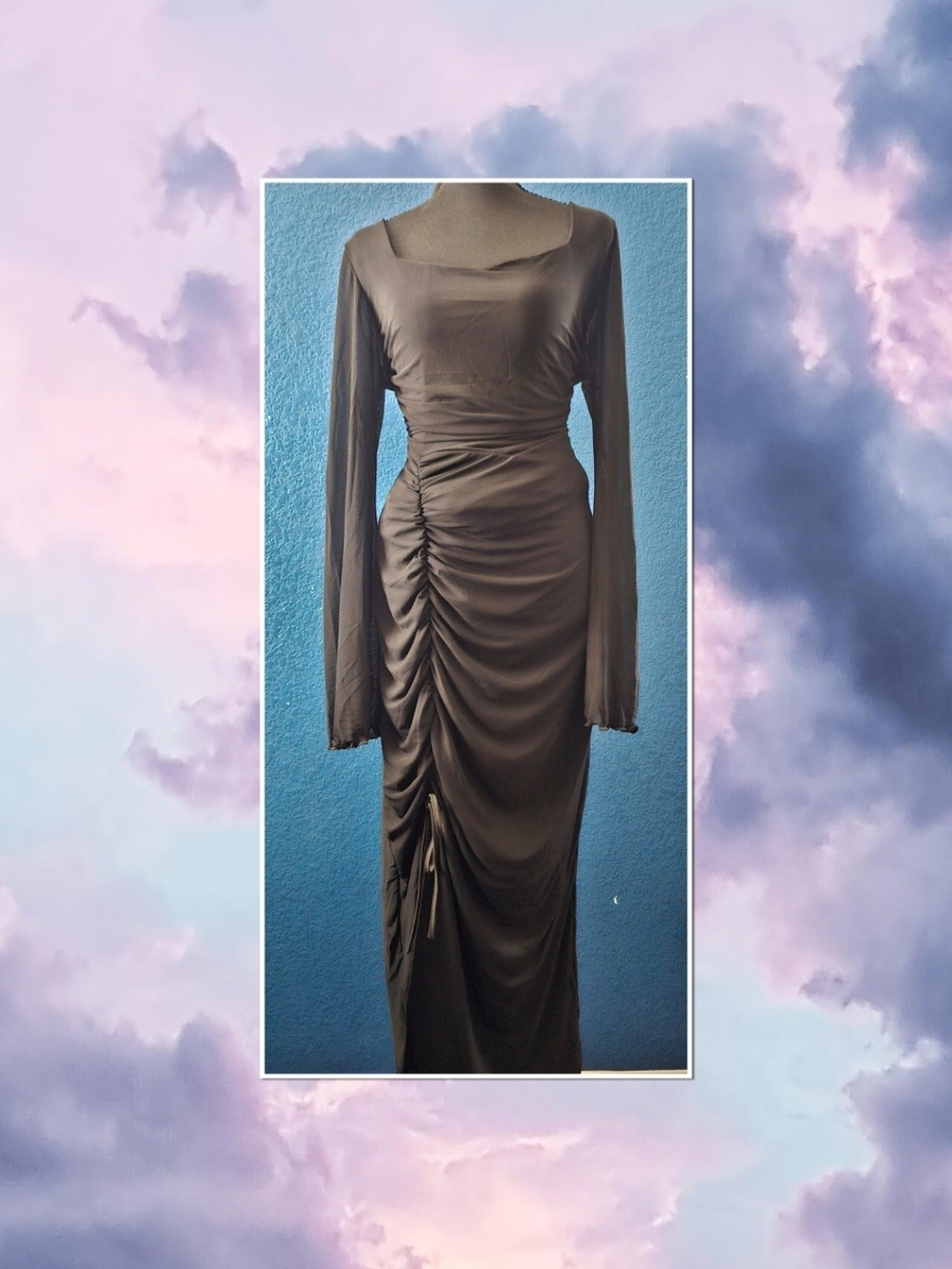 Ruched Asymmetrical Long Sleeve Midi Dress in Brown